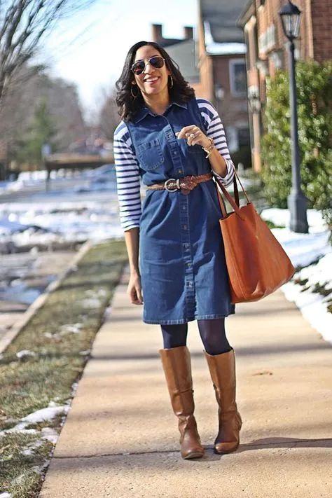 How to Wear a Shirt Dress — 10 Amazing Outfit Ideas – Svelte Magazine Denim Dress Outfit Winter, Denim Dress Outfit Fall, Denim Shirt Dress Outfit, Denim Dress Outfit Ideas, Denim Dress Winter, Jeans Dress Outfit, Sleeveless Dress Outfit, Denim Dress Outfit, Outfit Ideas Winter