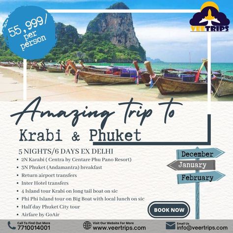 Book an Amazing trip to KRABI & PHUKET with Veetrips at the best prices. Share with our Friends 👫& Family with whom you want to travel. Package details 👉 5 Nights/ 6 Days ex Delhi 👉 2 N Karabi & 3 N in Phuket 👉 Return Airport Transfers 👉 4 Island tour Krabi For more details contact us at +91 7710014001 Follow us vee_trips_travel . .#krabi #Phuket #island #familytour #tour #travel #fun #coupletravel #veetrips #breakfast #dinner #visa #delhi 4 Island Tour Krabi, Thailand Package, Phuket City, Thailand Tour, Phi Phi Island, Family Tour, Breakfast Dinner, Bigger Boat, Island Tour