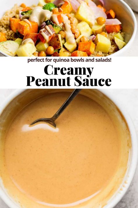 Peanut Sauce - the most AMAZING peanut sauce recipe ever that is perfect on quinoa bowls, salads, etc.! Packed with flavor and so easy! Peanut Sauce Quinoa Bowl, Peanut Sauce For Stir Fry, Sweet Peanut Sauce, Asian Peanut Sauce Recipe, Peanut Butter Stir Fry Sauce, Chinese Peanut Sauce, Peanut Stir Fry Sauce, Simple Peanut Sauce, Quinoa Peanut Butter