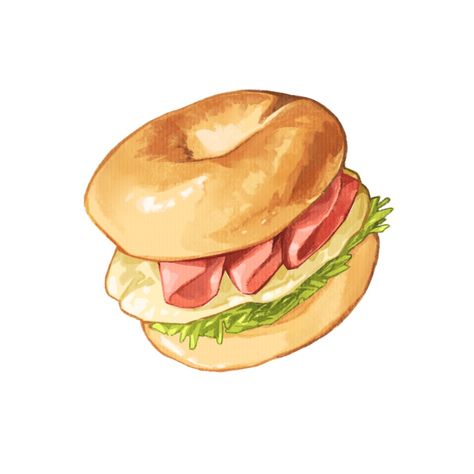 Sandwich Character Design, Bagel Watercolor, Cute Bread Drawings, Burger Artwork, Easy Food Drawings, Bagel Drawing, Bagel Illustration, Food Drawing Sketches, Sandwich Illustration