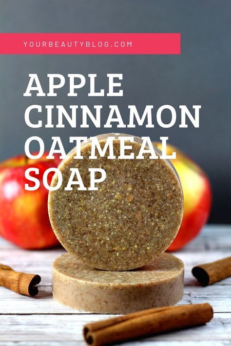 Easy apple cinnamon oatmeal melt and pour soap recipe. Make this cute diy fall soap with glycerin soap in about 10 minutes. If you need ideas, recipes, and inspiration for fall diy projects, this is simple and cheap. Learn techniques for adding heavy additives like oatmeal to melt and pour soap.  This tutorial is for beginners and advanced users. These scents make a great fall soap. #fall #apple #soap Cinnamon Soap, Easy Soap Recipes, Savon Diy, Fall Soaps, Apple Cinnamon Oatmeal, Melt And Pour Soap, Cinnamon Oatmeal, Oatmeal Soap, Soap Recipe