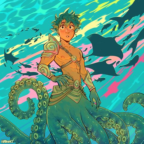 Male Octopus Character, Sea Monster Character Design, Octopus Fursona, Half Mermaid Half Human, Merman Outfits, Dolphin Oc, Underwater Poses Reference, Merfolk Dnd, Merman Character Design