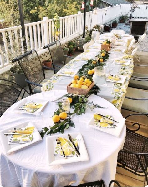 Lemon Themed Birthday Party, Lemon Themed Party, Lemon Birthday, Outdoor Dinner Party, Lemon Themed Bridal Shower, Lemon Theme, Dinner Party Decorations, Outdoor Dinner Parties, Lemonade Party