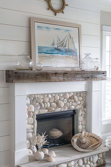 Transform your space into a coastal retreat! 🌊 Discover 15 inspiring coastal living room ideas filled with beachy vibes, natural textures, and calming colors. Perfect for bringing the seaside indoors! #CoastalLivingRoom #BeachyDecor #HomeInspo Beachy Living Room Ideas, Beach Mantle, Coastal Fireplace Ideas, Beach House Fireplace, White Stone Fireplaces, Coastal Living Room Ideas, Beachy Living Room, Coastal Fireplace, Sea Glass Colors