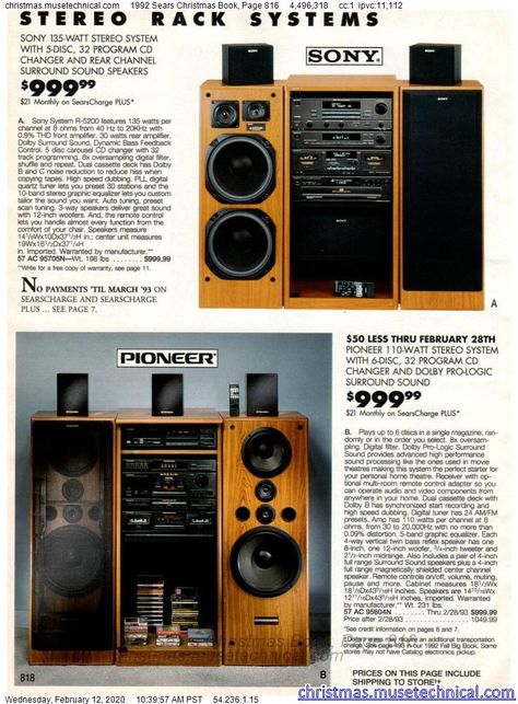 1992 Sears Christmas Book, Page 816 - Christmas Catalogs & Holiday Wishbooks Vintage Sound System, Hifi Music System, Sony Speakers, Audio Rack, Vintage Stereo, Hi Fi System, Stereo Systems, Sound Systems, Audio Room