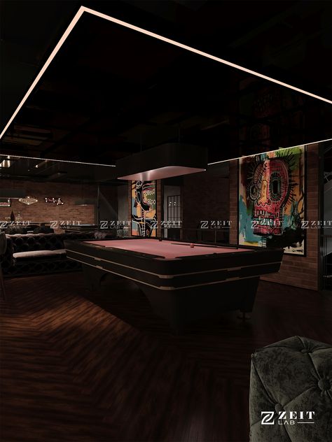 Billiard Club Interior Design, Billiard Lounge, Modern Billiard Room, Luxury Billiard Room, Billiards Aesthetic, Billiards Room Decor, Billiards Bar, Private Gym, Snooker Room