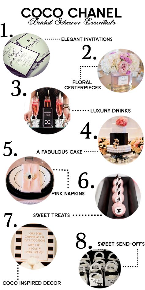 Our Go-To Guide for the perfect Coco Chanel Bridal Shower! #EvalinesBridal #Chanel #BridalShowers Chanel Party Bags, Chanel Bridal Shower Theme, Coco Chanel Birthday Party, Chanel Inspired Party, Chanel Bridal Shower, Chanel Bridal, Chanel Baby Shower, Coco Chanel Party, Chanel Wedding