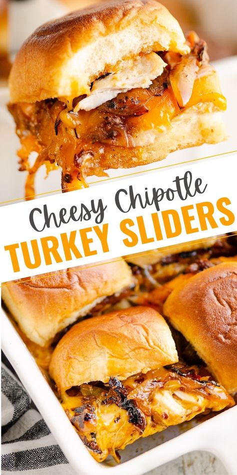 If you have some leftover turkey you are looking to use up, there is no better recipe than these easy and delicious Cheesy Chipotle Turkey Sliders! King's Hawaiian rolls are filled with caramelized onions, smoky seasoning, sharp cheddar and topped with a savory butter sauce for a flavor explosion. #TurkeySliders #LeftoverTurkey #HawaiianSliders Turkey Chipotle Sandwich, Cajun Turkey Sliders, Sliders Recipes Turkey, Savory Butter, Sliders Recipes Hawaiian Rolls, Turkey Sliders, Wraps Recipes, Sweet Corn Soup, Fantastic Recipes