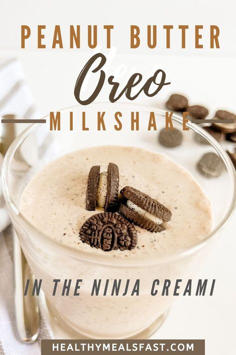 Peanut Butter Oreo Milkshake Recipe Ninja Creami Peanut Butter, Ice Cream Maker Recipes Healthy, Oreo Milkshake Recipe, Peanut Butter Milkshake, Ninja Ice Cream Recipe, Healthy Milkshake, Vegetarian Cookies, Oreo Milkshake, Peanut Butter Oreo