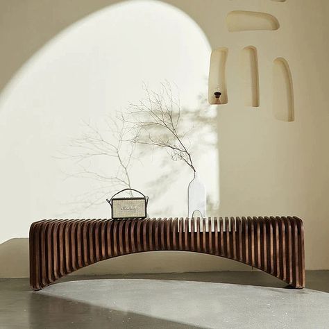 Bold curves and natural warmth - our sculptural Mara bench makes a stunning statement. TAP TO SHOP #simplyboho #boho #furniture #boholiving #bohostyle #bohointerior #bohofurniture #bohohomedecor #interiordesign #moderninterior Creative Tv Stand, Bench Aesthetic, Tv Stand Living Room, Retro Bench, Log Bench, Tv Bench, Solid Wood Benches, Furniture Design Chair, Design Chair