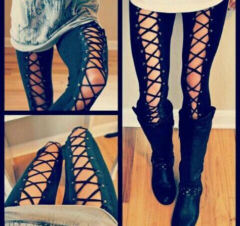 Love these Diy Lace Up Pants, Diy Lace Up, Trash To Couture, Diy Pants, Vetements Clothing, Diy Vetement, Kleidung Diy, Ropa Diy, Mötley Crüe