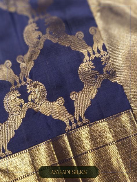 In a contemporary style, this Kanjivaram Saree in Dark Navy showcases symmetrical Yali Patterns with "Getti" gold zari border. #silk #Angadisilk #Authenticsilk #bangalore #motifs #kanjivaramsaree #kanjivaramsaree Angadi Silk Sarees, Diwali 2024, South Silk Sarees, Kanjivaram Saree, A Level Art Sketchbook, Wedding Saree Collection, Sarees Silk, Saree Design, Bridal Sarees