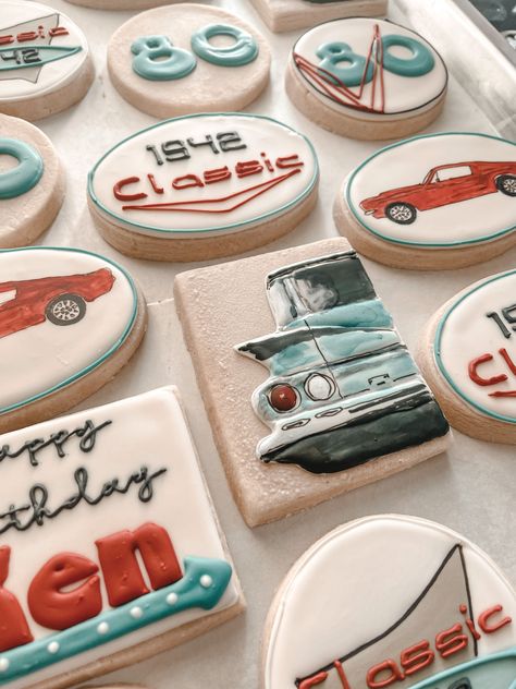 Classic car theme custom cookies in Walton/Northern Kentucky. Kentucky Butter Cookies, Cars Cookies, Car Theme Birthday, Vintage Car Birthday, Vintage Car Party, Classic Cars Birthday Party, Husband 40th Birthday, Cars Birthday Party Decorations, Car Cookies