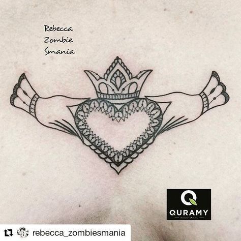 Claddagh tattoo @rebecca_zombiesmania Cleavage Tattoos, Owen Jensen, Claddagh Tattoo, Blue Ink Tattoos, Plumeria Tattoo, Irish Tattoos, B Tattoo, Celtic Tattoos, Music Tattoos