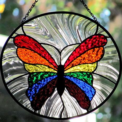 Living Glass Art: Stained Glass Rainbow Butterfly~~new and ... Rainbow Aesthetics, Stained Glass Patterns Free, Glass Art Pictures, Stained Glass Birds, Stained Glass Ornaments, Stained Glass Butterfly, Wine Glass Art, Stained Glass Decor, Stained Glass Suncatchers