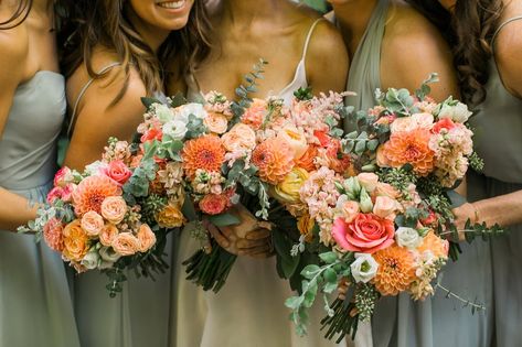 Bright Bridesmaid Arrangements Green Bridesmaid Dresses Colorful Flowers, Orange White Bouquet, Green And Coral Wedding, Lana Wedding, Coral Bouquet, Mackinaw Island, Olive Wedding, Sage Green Bridesmaid Dress, March Wedding