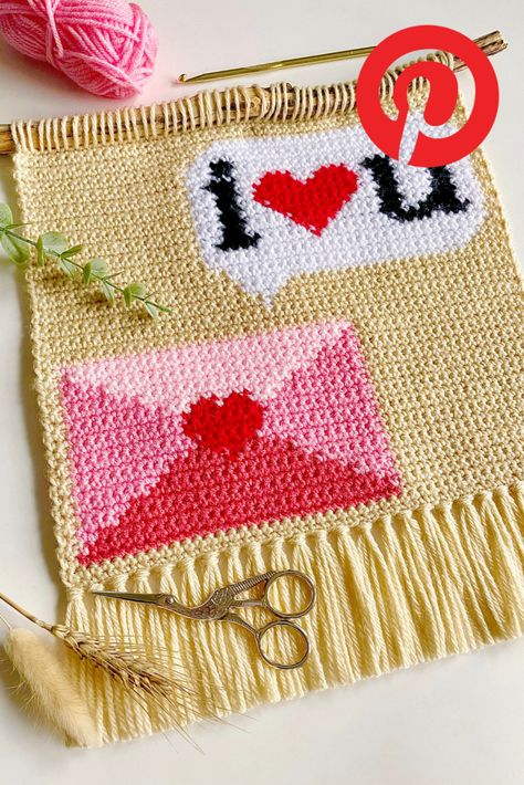 The Love Letter Wall Hanging Crochet Pattern - Love & Stitch Valentine's Day Crochet, Wall Hanging Crochet, Hanging Crochet, Square Cardigan, Crochet Wall Hangings, Tapestry Crochet Patterns, Crochet Tapestry, Love Stitch, Letter Wall