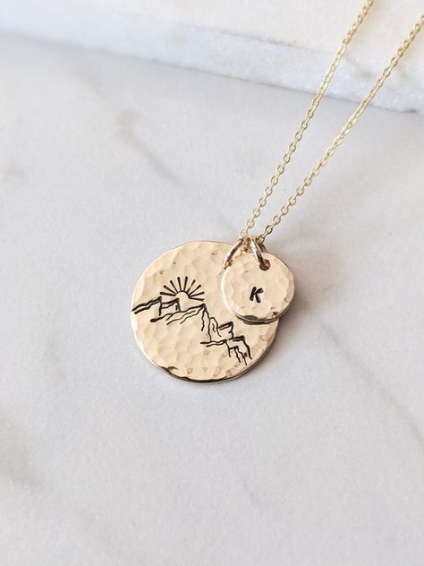 Personalized Mountain Sunrise Initial Disc Necklace 14k Gold | Etsy Pine Jewelry, Outdoorsy Gifts, Mountain Mama, Mountain Sunrise, Silver Mountain, Initial Disc Necklace, Mountain Jewelry, Hiker Gifts, Cotton Box