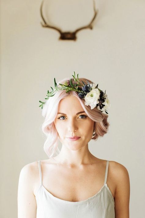 Seven Brides Who Pulled Off Pastel Hair | Loverly Planning Summer Wedding Hairstyles, Diy Flower Crown, Flower Crown Hairstyle, Flowers In Her Hair, Flower Crown Wedding, Diy Wedding Flowers, Penteado Cabelo Curto, Flower Crowns, Pastel Hair