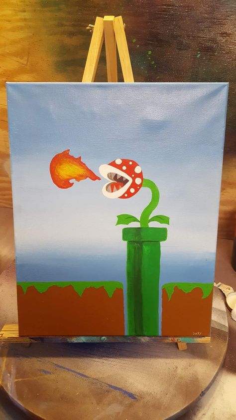 Mario Brothers Painting, Mario Kart Painting, Mario Acrylic Painting, Mario Plant Drawing, Mario Painting Ideas, Super Mario Painting Ideas, Mario Painting Canvases, Fun Easy Painting Ideas Canvases, Mario Canvas Painting