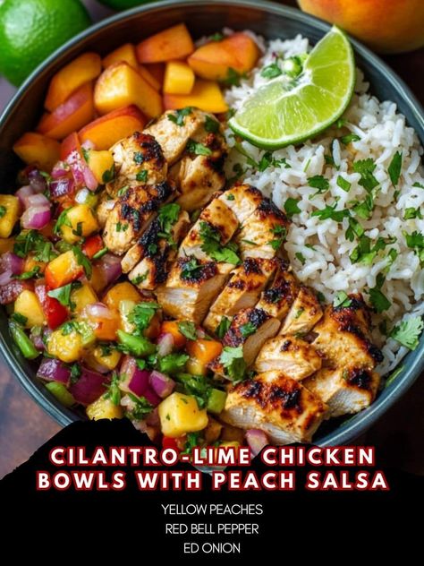 Cilantro-Lime Chicken Bowls with Peach Salsa 🍑🌿 Ingredients: - 3 medium yellow peaches, diced - 1 red bell pepper, diced - ¼ cup red onion, diced - 3 green onions, chopped - ½ bunch cilantro, chopped Healthy Bowl, Chicken Bowls, Healthy Bowls Recipes, Salsa Ingredients, Peach Salsa, Bell Pepper Recipes, Cilantro Lime Chicken, Pan Dinners, Healthy Bowls