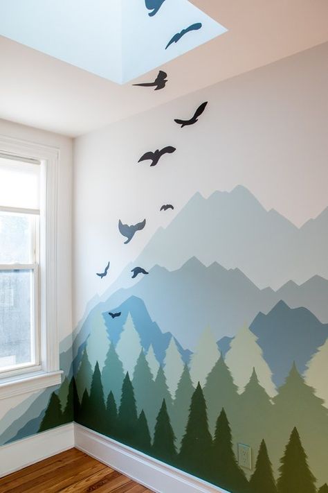 Mountain Mural for a Nursery — Maggie Antalek Painted Mountains On Wall, Mountain Mural, Mountain Nursery, Mural Ideas, Nursery Inspo, Kids Room Wallpaper, Mountain Paintings, Kids Room Design, Room Wallpaper