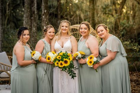 Green And Sunflower Wedding, Sage Green And Sunflower Wedding, Sage Green And Yellow Wedding, Indian Bridesmaid Dresses, Sage Bridesmaid Dresses, Yellow Bouquets, Green Wedding Colors, Wedding Bouquets Bride, Green Hydrangea