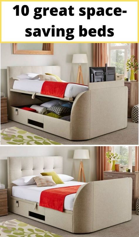 Bed with built-in tv Girls Room Bunk Beds, Space Saving Furniture Tiny Houses, Loft Bed Ideas For Small Rooms, Tiny House Living Room, Space Saving Furniture Bedroom, Diy Space Saving, Space Saving Bedroom, Beds For Small Rooms, Space Saving Beds