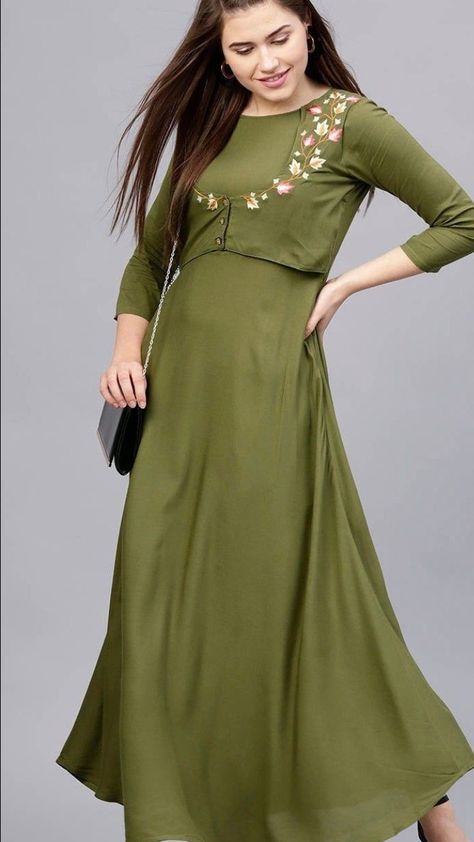 Beautiful Long Kurti with embroidered attached jacket. Kurti Designs Latest Pattern, Over Coats On Kurtis, Coat Model Kurtis, Lotus Outfit, Jacket Kurti, Chifon Dress, Feeding Tops, Kurti With Jacket, Full Gown