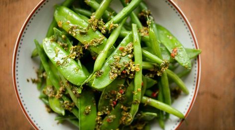 Bean & Mangetout Salad - Mangetout Recipe, Mangetout Salad, Oregano Leaves, Runner Beans, Chilli Flakes, Marjoram, Red Wine Vinegar, Enjoy It, Side Dish