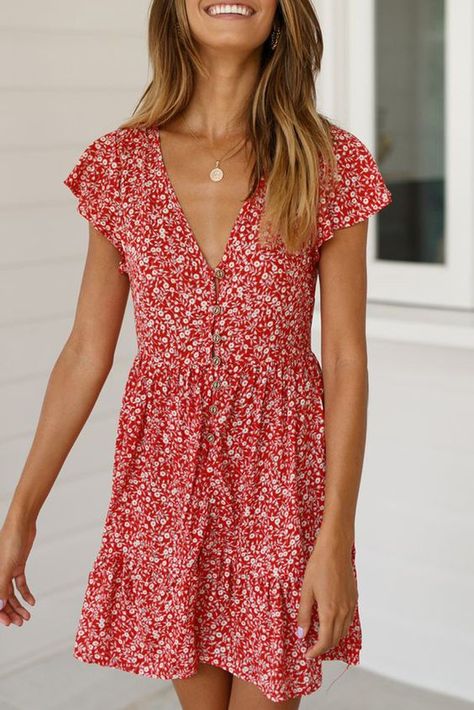 27 Must Have Floral Print Dresses for Summer  #Fashion Pretty Sundresses, Valentina Dress, Red Floral Print, Mini Dresses Summer, Western Dresses, Cheap Dresses, Floral Mini Dress, Toddler Dress, Red Floral