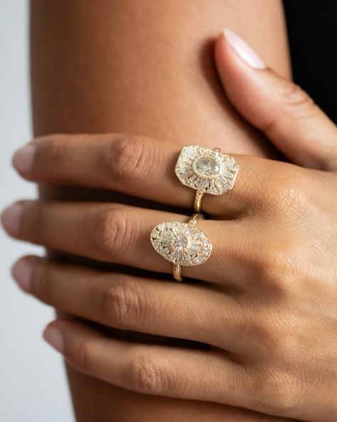 Discover our latest. #ESQUELETO #jewelry #new #thisjustin #diamonds Medieval Jewelry, Warm Yellow, Baguette Diamonds, Baguette Diamond, Oval Diamond, Gold Band, Cluster Ring, Cocktail Ring, Cocktail Rings