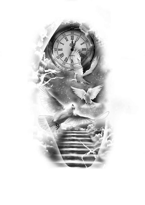 Stairs Tattoo, Stairway To Heaven Tattoo, Angel Sleeve Tattoo, Heaven Tattoo, Heaven Tattoos, Clock Tattoo Design, Kunst Tattoos, Graffiti Tattoo, Marvel Tattoos