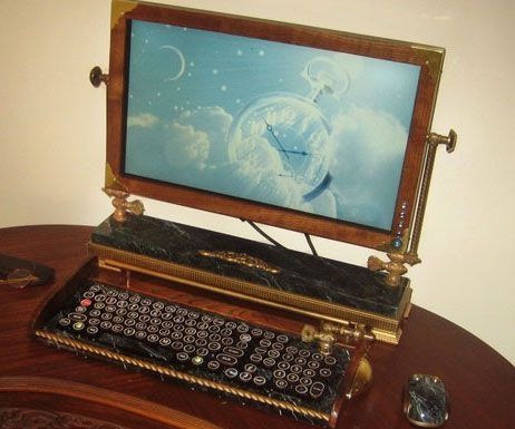 If you want to classy up your home office then look no further than the Steampunk computer monitor and keyboard. This Steampunk themed monitor and keyboard combo perfectly captures the artistic styles of the Victorian era and makes a cool gift idea for Steampunk fans. Steampunk Keyboard, Steampunk Computer, Steampunk Gadgets, Drawing Machine, Desktop Setup, Victorian Steampunk, Steampunk Style, Mac Mini, Steampunk Art