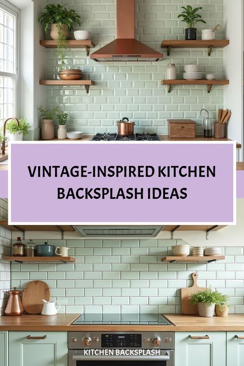 Rustic kitchen with green ceramic tile backsplash Muted Backsplash Kitchen, Fun Kitchen Backsplash Tile, Mid Century Kitchen Backsplash Tile, Colored Kitchen Backsplash, Vintage Kitchen Backsplash Ideas, Mid Century Kitchen Backsplash, Boho Backsplash Kitchen, Unique Tile Backsplash Kitchen, Dream Kitchen Aesthetic