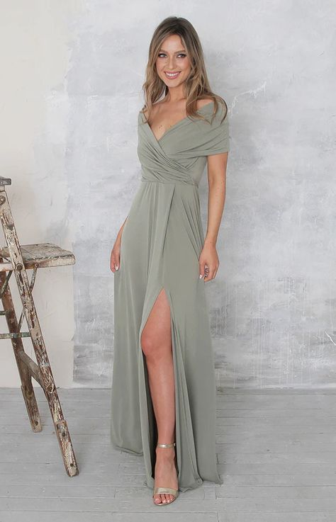 Shop Outfits, Moss Dress, Semi Formal Outfits, Couple Wedding Dress, Crossover Dress, Bardot Style, Sage Dress, Elegant Bridesmaid Dresses, Party Clothes