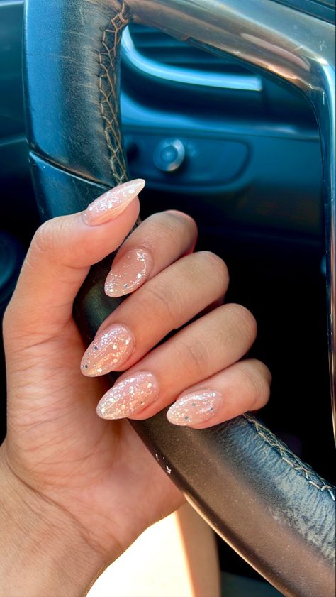 Birthday Nail Simple, Dip Sparkle Powder Nails, Sns Dipping Powder Nails Almond Shape, Nails For Dances Ideas, Cute Graduation Nail Ideas, Cute Gender Reveal Nail Ideas, Nye Sparkle Nails, Short Almond Nails New Years, Grad Party Nails