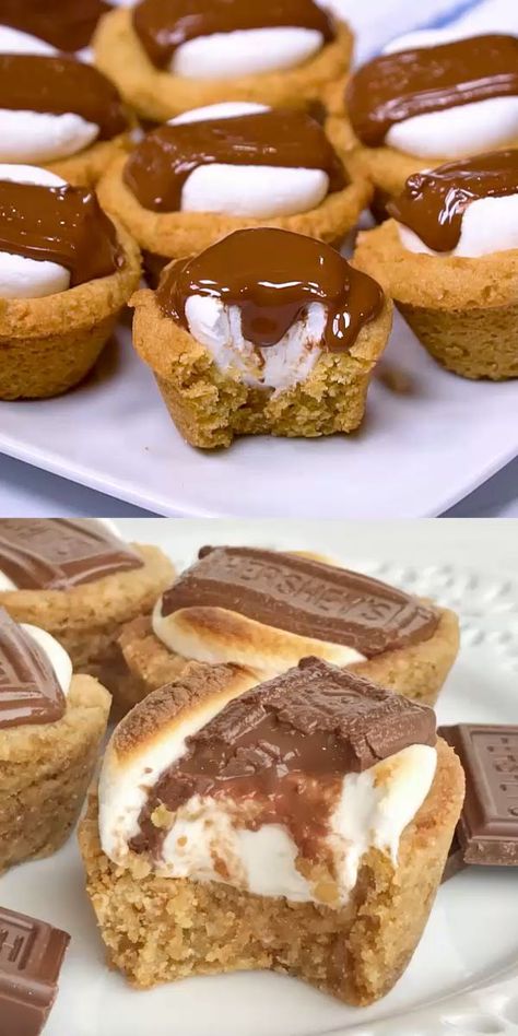 Smores Cookie Cups, Smores Recipe, Mini Muffin Tin Recipes, Smores Cookie, Cookie Cups Recipe, Mini Dessert Recipes, Smore Recipes, Cookie Base, Bite Size Desserts