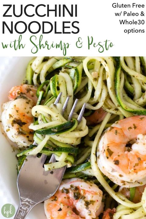 These Zucchini Noodles with Shrimp make for an easy and healthy weeknight dinner recipe. Keeping the zucchini noodles raw helps the pasta stay fresh and not soggy. It's a naturally gluten free dish, and if you make it with compliant pesto it's also paleo and Whole 30. #zucchininoodles #shrimp #glutenfree #paleo #whole30 Zucchini Noodle Recipes Healthy, Best Pesto, Noodles With Shrimp, Zucchini Noodles With Pesto, Pesto Zucchini, Shrimp Zucchini Noodles, Pesto Zucchini Noodles, Pesto Shrimp, Zucchini Noodle Recipes