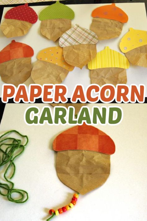 This DIY paper acorn garland is perfect for decorating your mantel, door, or any other space in your home this fall. Thanksgiving Garland Diy Kids, Paper Bag Garland, Thanksgiving Garland Diy, Paper Acorn, Birds Preschool, Fall Garland Diy, Acorn Garland, Thanksgiving Garland, Loom Knitting Tutorial