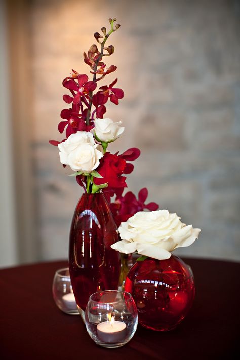 Red and White Orchid and Rose Centerpieces Red And White Wedding Centerpieces, Red And White Wedding Decorations, Gala Centerpieces, Red Wedding Centerpieces, Red Roses Centerpieces, Red And White Wedding, White Wedding Centerpieces, White Floral Centerpieces, Red Centerpieces