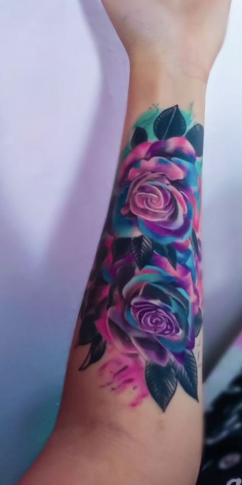 Tie Dye Rose Tattoo, Colorful Flower Half Sleeve Tattoo, Cover Up Tattoos On Forearm For Women, Colour Cover Up Tattoo, Disney Flower Tattoo Sleeve, Tattoo Arm Cover Up, Colorful Rose Tattoos For Women, Watercolor Sleeve Tattoo Women, Galaxy Sleeve Tattoos For Women