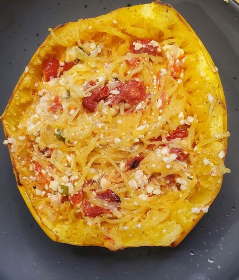 Baked Spaghetti Squash And Cheese, Feta Spaghetti Squash, Spaghetti Squash Feta Bake, Spaghetti Squash Recipes With Feta And Tomatoes, Spaghetti Squash With Feta And Tomatoes, Spaghetti Squash Feta, Tomato Feta Baked Spaghetti Squash, Baked Feta Pasta With Cherry Tomatoes Spaghetti Squash, Spaghetti Squash Feta Tomato