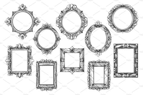 Picture frame sketch. Black-and-white hand drawn vintage art gallery icon set isolated on white. Old outline picture frame or border with decoration ink sketch engraving vector illustration Victorian Picture Frames Vintage, Frame Sketch, Vintage Art Gallery, Picture Frame Drawing, Outline Pictures, Victorian Picture Frames, Gallery Icon, Vintage Photo Frames, Frame Ideas