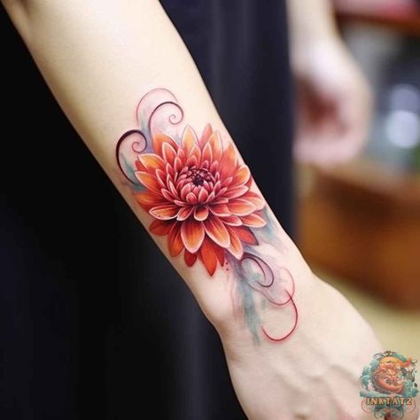 Blooming Beauty: The Fascinating Meaning Behind Chrysanthemum Tattoos: 57 Designs - inktat2.com Chrysanthemum Tattoo With Name In Stem, Floral Tattoos On Dark Skin, Delicate Chrysanthemum Tattoo, Orange Chrysanthemum Tattoo, November Flower Tattoo Chrysanthemums Small, Crysanthemum Tattoo Simple, November Birth Flower Tattoo Chrysanthemums, Chrysanthemums Tattoo, November Flower Tattoo Chrysanthemums