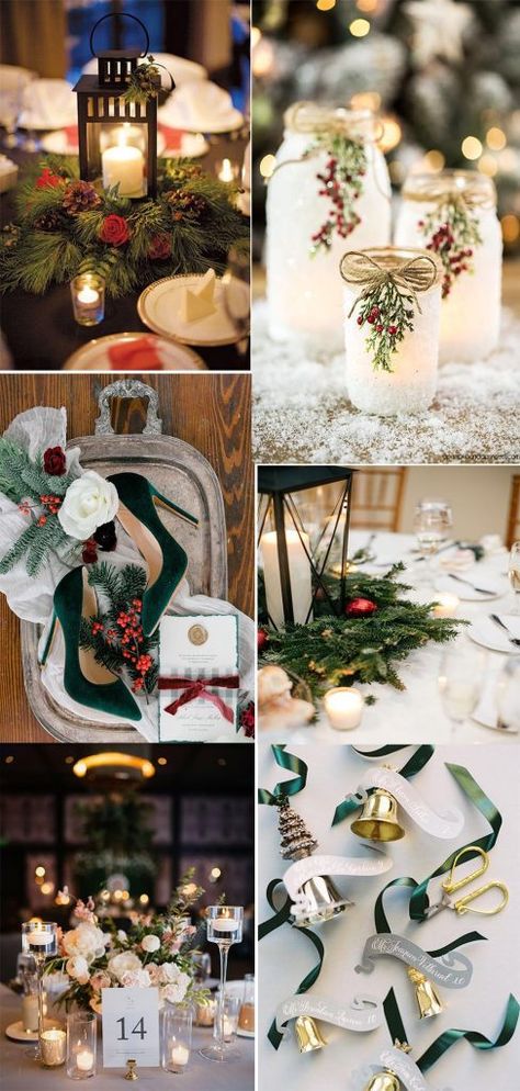 Christmas Rustic Wedding Ideas, Rehearsal Dinner Christmas Theme, Christmas Wedding Unity Ideas, Christmas Table Decorations Wedding, Woodland Christmas Wedding, Christmas Wedding Table Decorations Centerpieces, Christmas Decor Ideas Wedding, Vintage Christmas Wedding Ideas, Christmas Trees At Wedding