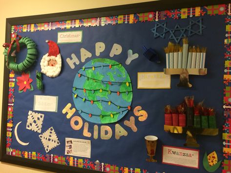 Holiday Customs Bulletin Board Around The World Bulletin Board, December Holidays Around The World, Christmas Library Display, Diversity Bulletin Board, World Bulletin Board, Christmas Library, December Bulletin Boards, Library Christmas, Holiday Bulletin Boards