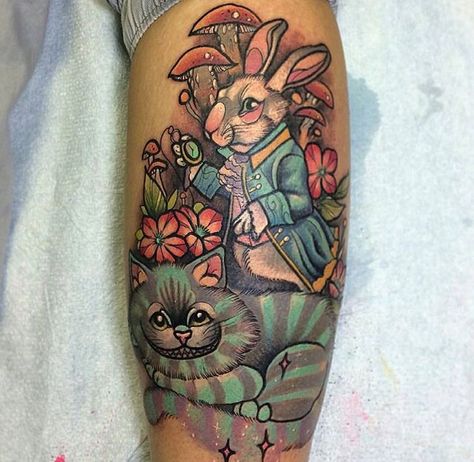 White rabbit and Cheshire Cat tattoo Alice In Wonderland Tattoos, White Rabbit Tattoo, Alice In Wonderland Tattoo, Alice In Wonderland Rabbit, Alice And Wonderland Tattoos, Rabbit Tattoo, Street Tattoo, Wonderland Tattoo, Rabbit Tattoos