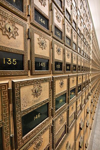 Art deco mail boxes extend, seemingly to infinity, at the Hollywood branch of the Postal Service. Apartment Mailboxes, Art Nouveau Arquitectura, Mail Boxes, Going Postal, Call Art, I Love Paris, Paris Apartments, Post Box, Cool Apartments