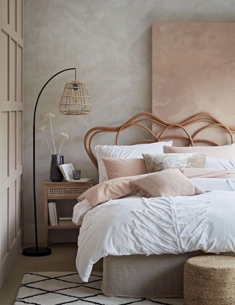 This soft, handcrafted bedroom look is characterised by a harmonious palette of earthy hues and natural materials, designed to create a calming and relaxed interior. Texture is key, adding pattern and depth through tufted textiles and simple, unrefined ceramics, whilst lightweight woven rattan is used across pendant lighting and artisanal steam bent headboards. (Photo: Habitat) Bedroom Ideas Pink, Grey Colour Scheme Bedroom, Japandi Interiors, Japandi Interior, Pink Bedrooms, Grey Bedroom, Bohemian Bedroom Decor, Japandi Style, Small Apartment Decorating